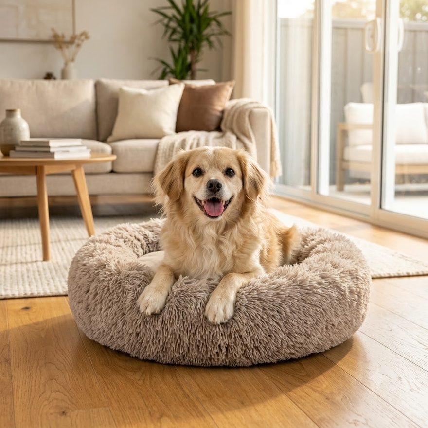 A dog lying in the Dog Bed in a living room