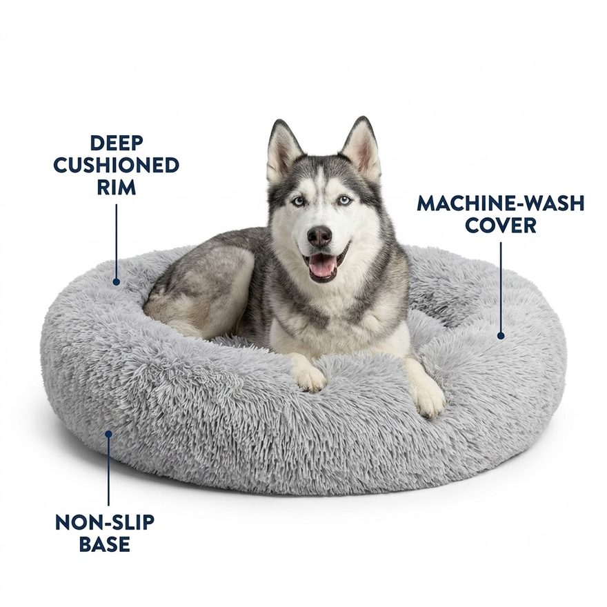 The Dog Bed showing its deep cushioned rim, machine-wash cover and non-slip base